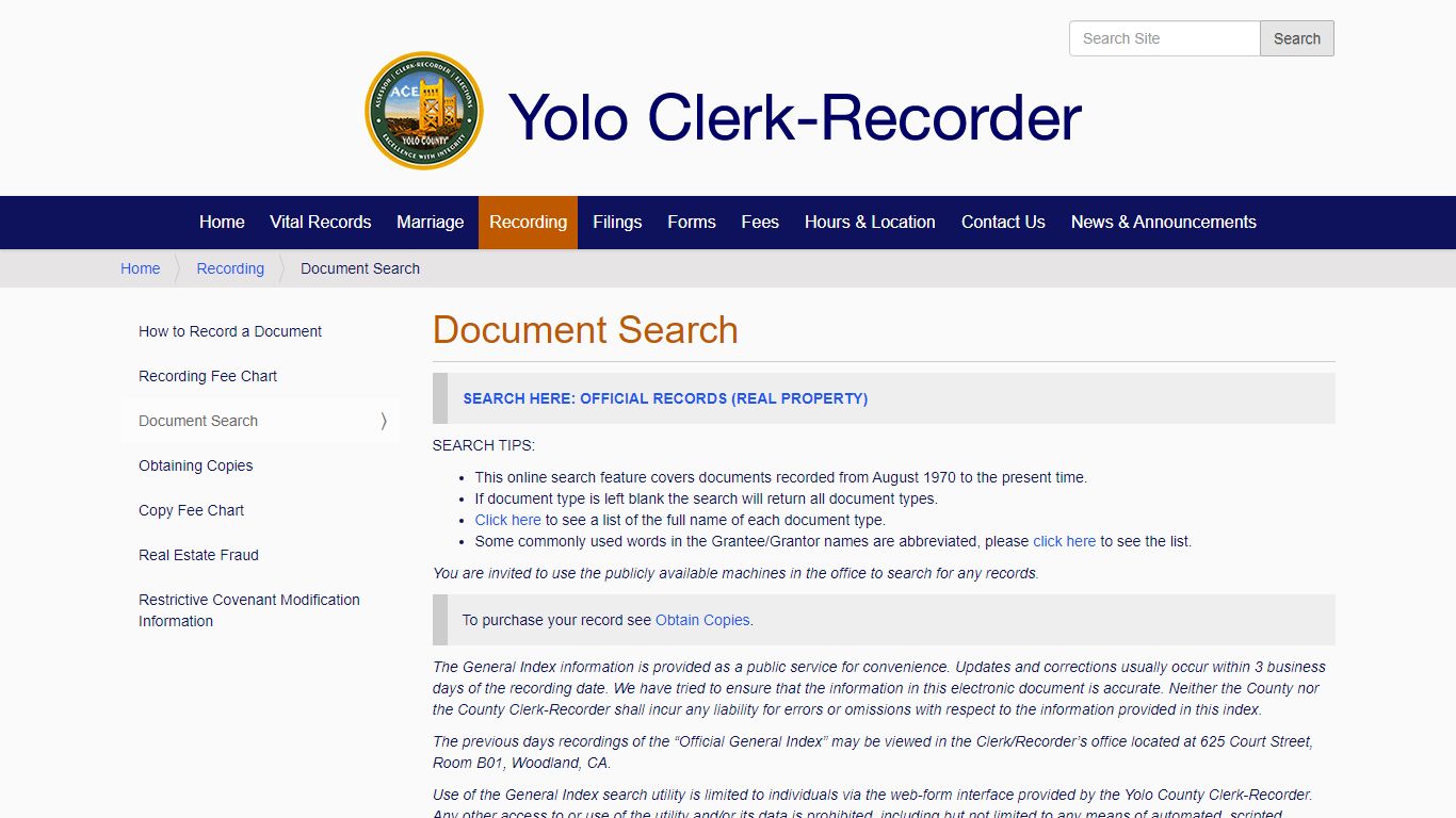 Document Search — Yolo County California Clerk-Recorder